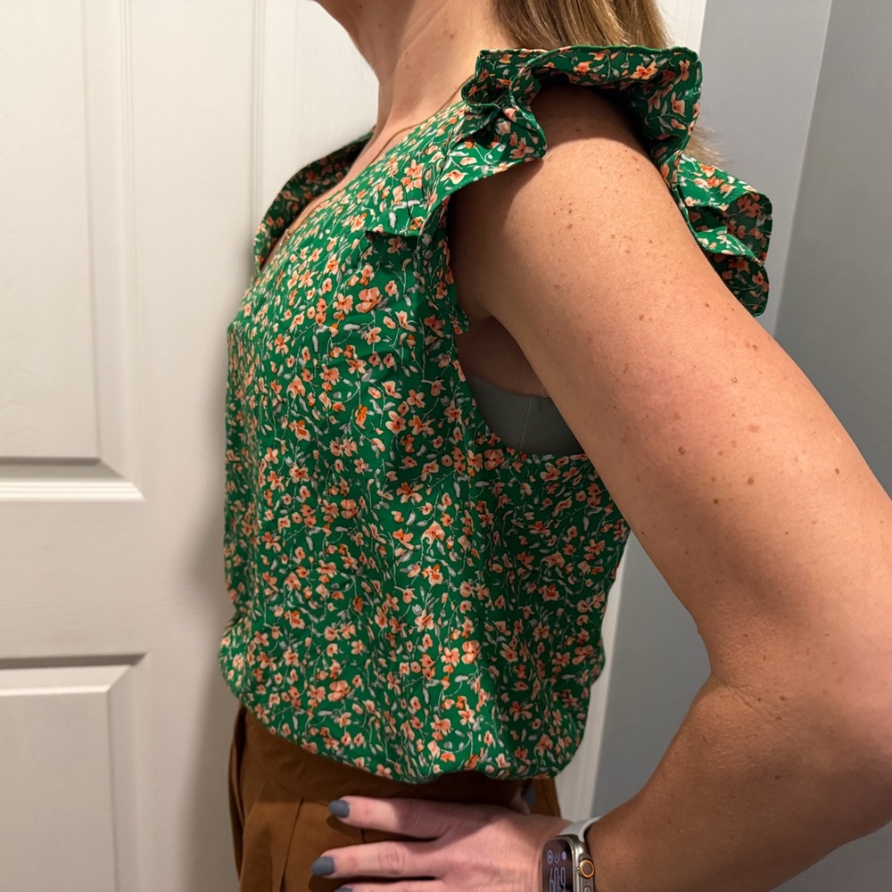 Floral Green Ruffle Sleeve Top